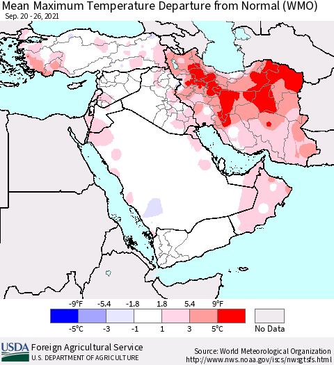 Middle East and Turkey Mean Maximum Temperature Departure from Normal (WMO) Thematic Map For 9/20/2021 - 9/26/2021