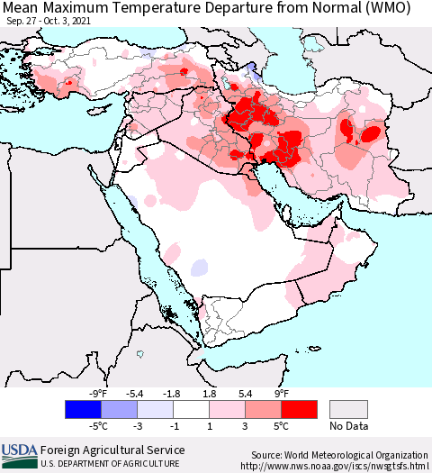 Middle East and Turkey Mean Maximum Temperature Departure from Normal (WMO) Thematic Map For 9/27/2021 - 10/3/2021
