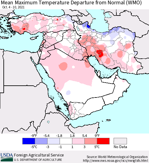 Middle East and Turkey Mean Maximum Temperature Departure from Normal (WMO) Thematic Map For 10/4/2021 - 10/10/2021