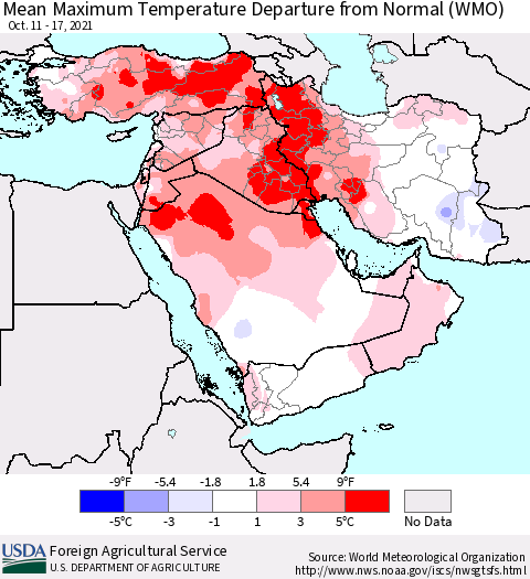 Middle East and Turkey Mean Maximum Temperature Departure from Normal (WMO) Thematic Map For 10/11/2021 - 10/17/2021