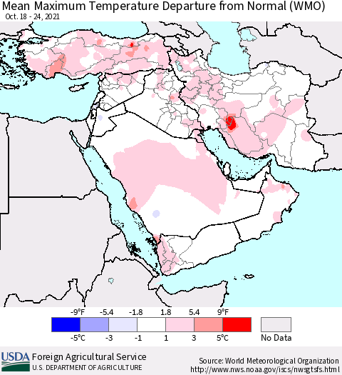 Middle East and Turkey Mean Maximum Temperature Departure from Normal (WMO) Thematic Map For 10/18/2021 - 10/24/2021