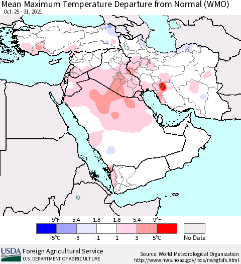 Middle East and Turkey Mean Maximum Temperature Departure from Normal (WMO) Thematic Map For 10/25/2021 - 10/31/2021