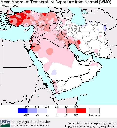 Middle East and Turkey Mean Maximum Temperature Departure from Normal (WMO) Thematic Map For 11/1/2021 - 11/7/2021