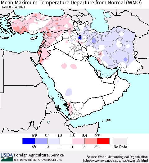 Middle East and Turkey Mean Maximum Temperature Departure from Normal (WMO) Thematic Map For 11/8/2021 - 11/14/2021