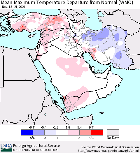 Middle East and Turkey Mean Maximum Temperature Departure from Normal (WMO) Thematic Map For 11/15/2021 - 11/21/2021
