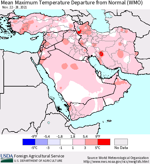 Middle East and Turkey Mean Maximum Temperature Departure from Normal (WMO) Thematic Map For 11/22/2021 - 11/28/2021