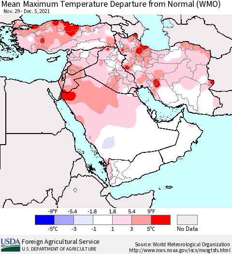 Middle East and Turkey Mean Maximum Temperature Departure from Normal (WMO) Thematic Map For 11/29/2021 - 12/5/2021