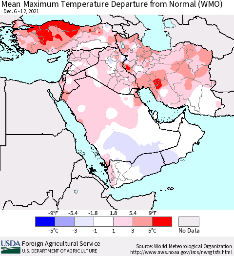 Middle East and Turkey Mean Maximum Temperature Departure from Normal (WMO) Thematic Map For 12/6/2021 - 12/12/2021