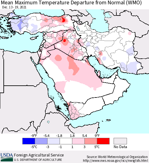 Middle East and Turkey Mean Maximum Temperature Departure from Normal (WMO) Thematic Map For 12/13/2021 - 12/19/2021