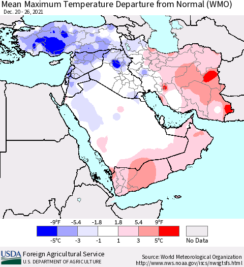 Middle East and Turkey Mean Maximum Temperature Departure from Normal (WMO) Thematic Map For 12/20/2021 - 12/26/2021