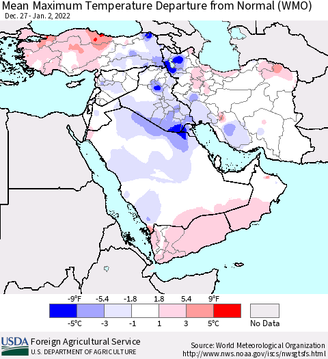 Middle East and Turkey Mean Maximum Temperature Departure from Normal (WMO) Thematic Map For 12/27/2021 - 1/2/2022