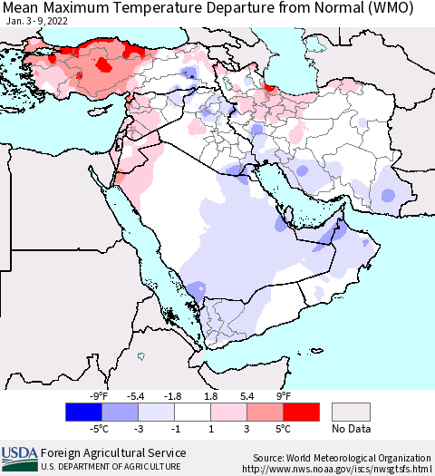 Middle East and Turkey Mean Maximum Temperature Departure from Normal (WMO) Thematic Map For 1/3/2022 - 1/9/2022