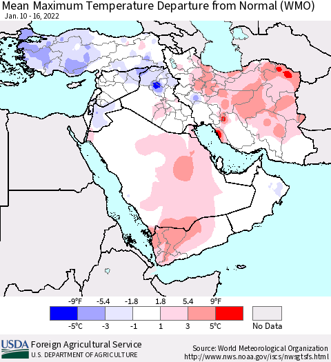 Middle East and Turkey Mean Maximum Temperature Departure from Normal (WMO) Thematic Map For 1/10/2022 - 1/16/2022