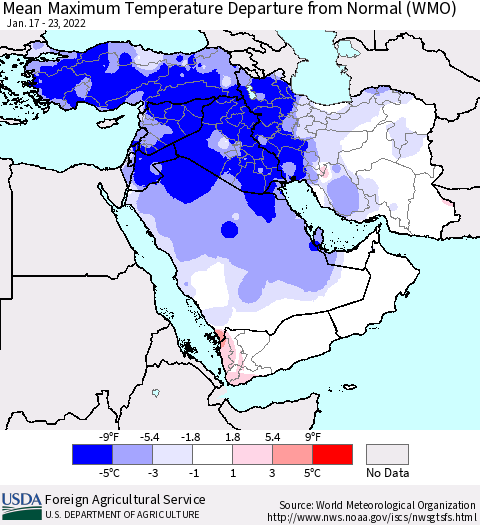 Middle East and Turkey Mean Maximum Temperature Departure from Normal (WMO) Thematic Map For 1/17/2022 - 1/23/2022