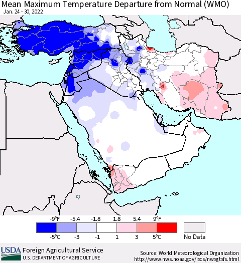 Middle East and Turkey Mean Maximum Temperature Departure from Normal (WMO) Thematic Map For 1/24/2022 - 1/30/2022