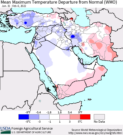 Middle East and Turkey Mean Maximum Temperature Departure from Normal (WMO) Thematic Map For 1/31/2022 - 2/6/2022