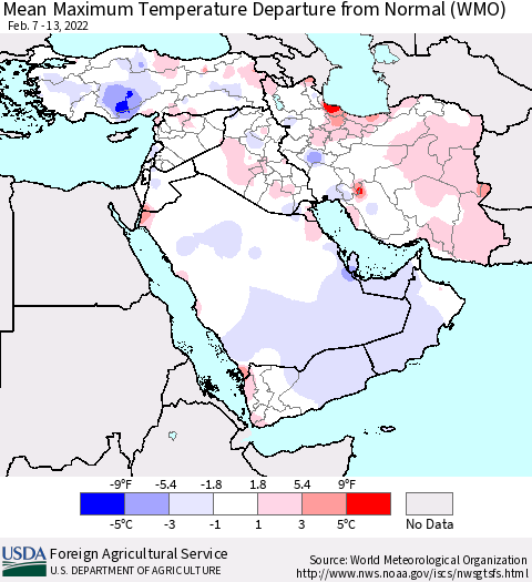 Middle East and Turkey Mean Maximum Temperature Departure from Normal (WMO) Thematic Map For 2/7/2022 - 2/13/2022