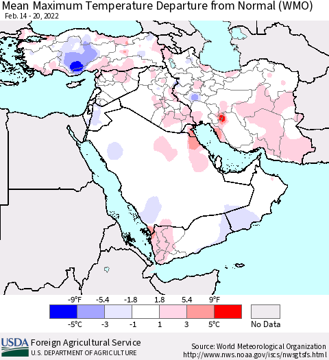 Middle East and Turkey Mean Maximum Temperature Departure from Normal (WMO) Thematic Map For 2/14/2022 - 2/20/2022