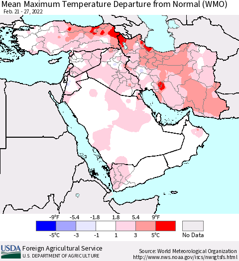 Middle East and Turkey Mean Maximum Temperature Departure from Normal (WMO) Thematic Map For 2/21/2022 - 2/27/2022