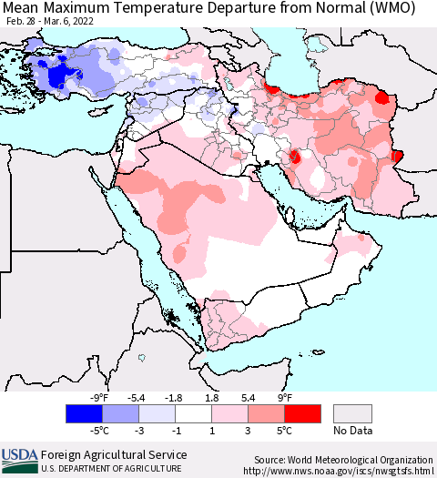 Middle East and Turkey Mean Maximum Temperature Departure from Normal (WMO) Thematic Map For 2/28/2022 - 3/6/2022