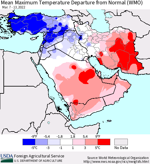 Middle East and Turkey Mean Maximum Temperature Departure from Normal (WMO) Thematic Map For 3/7/2022 - 3/13/2022