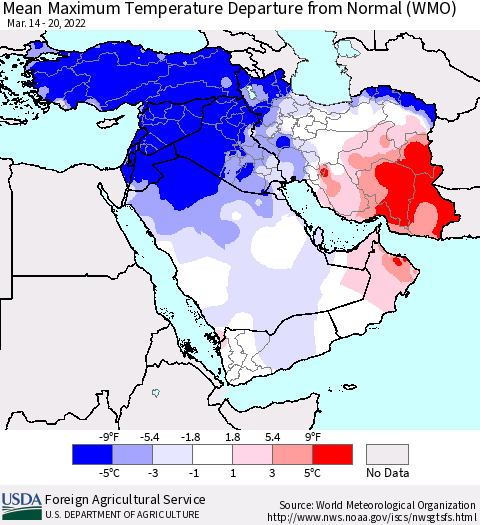 Middle East and Turkey Mean Maximum Temperature Departure from Normal (WMO) Thematic Map For 3/14/2022 - 3/20/2022