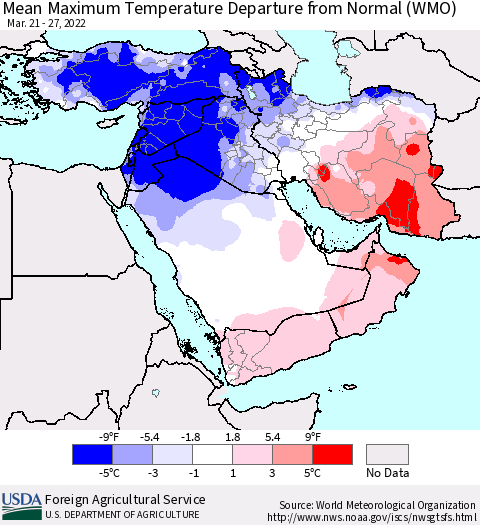 Middle East and Turkey Mean Maximum Temperature Departure from Normal (WMO) Thematic Map For 3/21/2022 - 3/27/2022