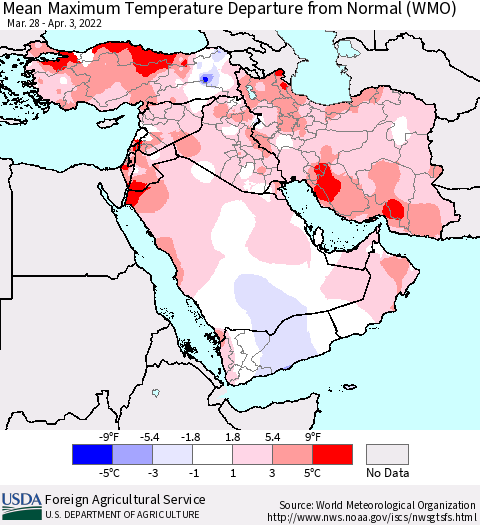 Middle East and Turkey Mean Maximum Temperature Departure from Normal (WMO) Thematic Map For 3/28/2022 - 4/3/2022