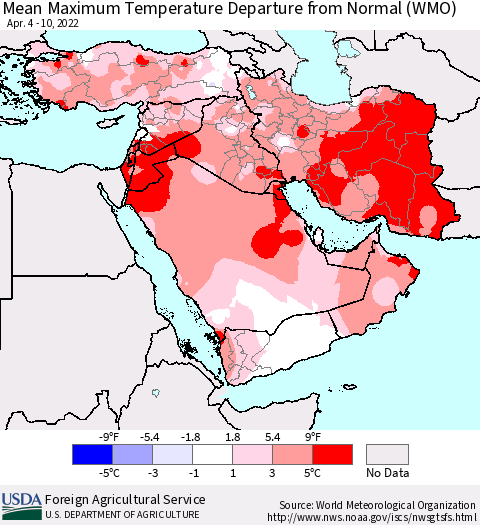 Middle East and Turkey Mean Maximum Temperature Departure from Normal (WMO) Thematic Map For 4/4/2022 - 4/10/2022