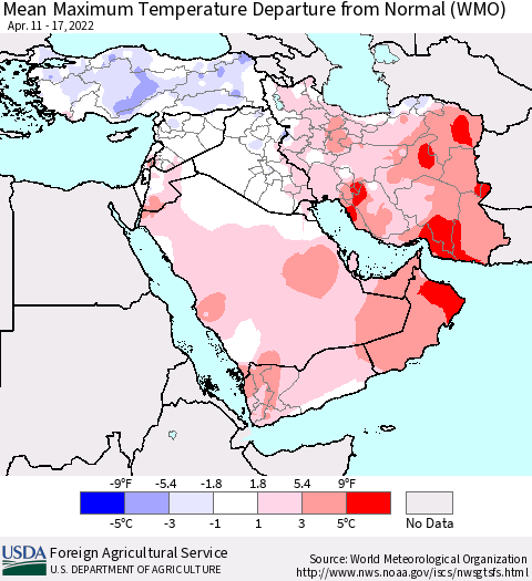 Middle East and Turkey Mean Maximum Temperature Departure from Normal (WMO) Thematic Map For 4/11/2022 - 4/17/2022