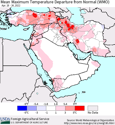 Middle East and Turkey Mean Maximum Temperature Departure from Normal (WMO) Thematic Map For 4/18/2022 - 4/24/2022