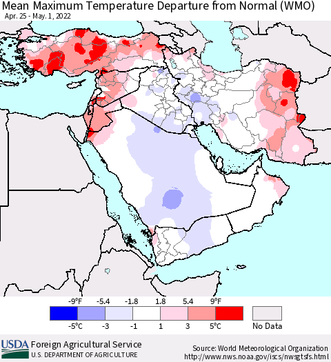 Middle East and Turkey Mean Maximum Temperature Departure from Normal (WMO) Thematic Map For 4/25/2022 - 5/1/2022