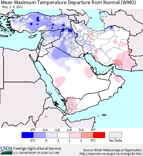 Middle East and Turkey Mean Maximum Temperature Departure from Normal (WMO) Thematic Map For 5/2/2022 - 5/8/2022