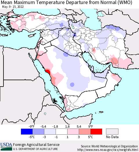 Middle East and Turkey Mean Maximum Temperature Departure from Normal (WMO) Thematic Map For 5/9/2022 - 5/15/2022