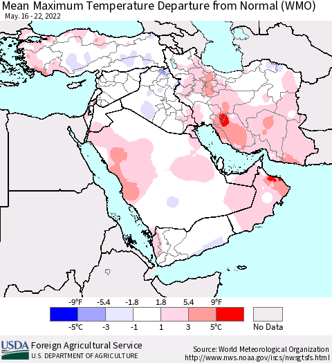 Middle East and Turkey Mean Maximum Temperature Departure from Normal (WMO) Thematic Map For 5/16/2022 - 5/22/2022