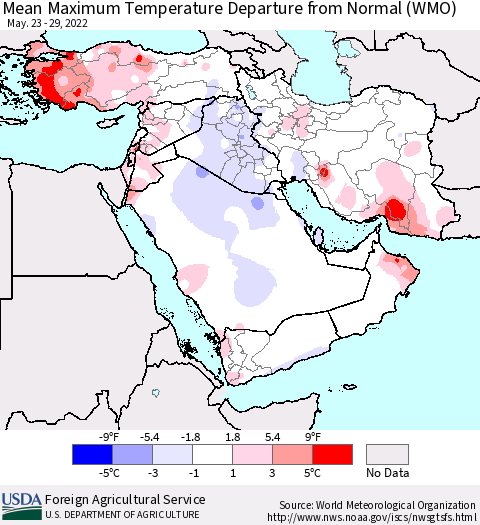 Middle East and Turkey Mean Maximum Temperature Departure from Normal (WMO) Thematic Map For 5/23/2022 - 5/29/2022