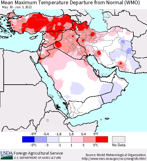 Middle East and Turkey Mean Maximum Temperature Departure from Normal (WMO) Thematic Map For 5/30/2022 - 6/5/2022