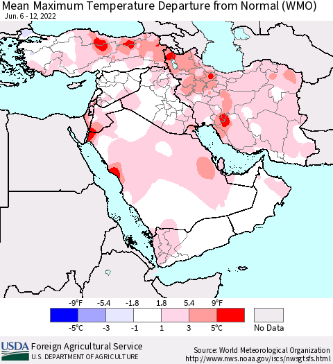 Middle East and Turkey Mean Maximum Temperature Departure from Normal (WMO) Thematic Map For 6/6/2022 - 6/12/2022