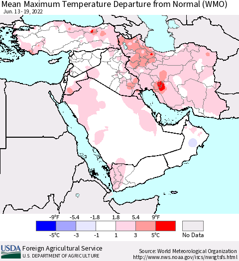 Middle East and Turkey Mean Maximum Temperature Departure from Normal (WMO) Thematic Map For 6/13/2022 - 6/19/2022