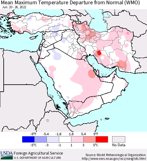 Middle East and Turkey Mean Maximum Temperature Departure from Normal (WMO) Thematic Map For 6/20/2022 - 6/26/2022