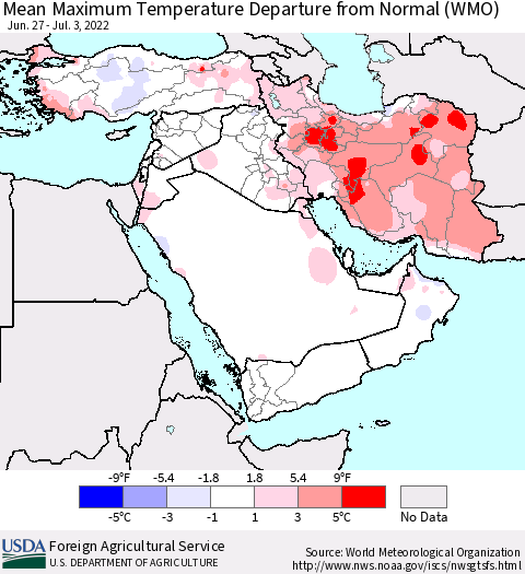 Middle East and Turkey Mean Maximum Temperature Departure from Normal (WMO) Thematic Map For 6/27/2022 - 7/3/2022