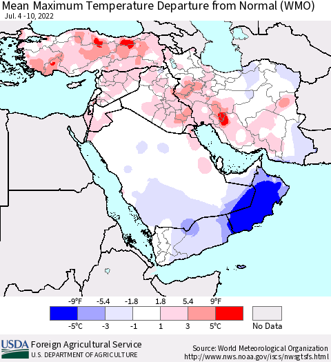 Middle East and Turkey Mean Maximum Temperature Departure from Normal (WMO) Thematic Map For 7/4/2022 - 7/10/2022