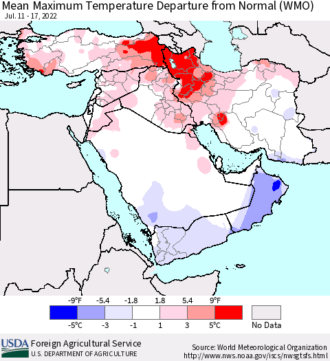 Middle East and Turkey Mean Maximum Temperature Departure from Normal (WMO) Thematic Map For 7/11/2022 - 7/17/2022