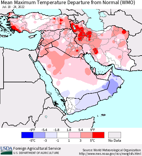 Middle East and Turkey Mean Maximum Temperature Departure from Normal (WMO) Thematic Map For 7/18/2022 - 7/24/2022