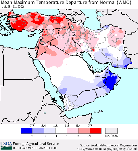 Middle East and Turkey Mean Maximum Temperature Departure from Normal (WMO) Thematic Map For 7/25/2022 - 7/31/2022
