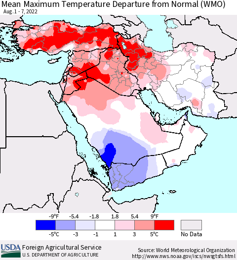 Middle East and Turkey Mean Maximum Temperature Departure from Normal (WMO) Thematic Map For 8/1/2022 - 8/7/2022