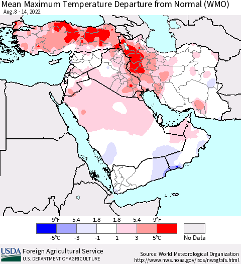 Middle East and Turkey Mean Maximum Temperature Departure from Normal (WMO) Thematic Map For 8/8/2022 - 8/14/2022