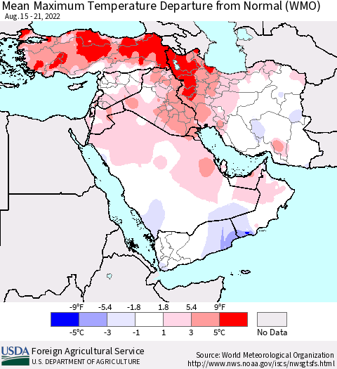 Middle East and Turkey Mean Maximum Temperature Departure from Normal (WMO) Thematic Map For 8/15/2022 - 8/21/2022