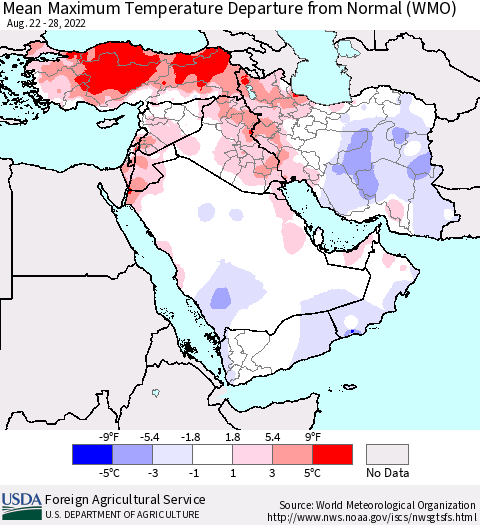 Middle East and Turkey Mean Maximum Temperature Departure from Normal (WMO) Thematic Map For 8/22/2022 - 8/28/2022