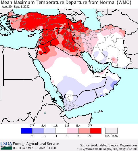 Middle East and Turkey Mean Maximum Temperature Departure from Normal (WMO) Thematic Map For 8/29/2022 - 9/4/2022